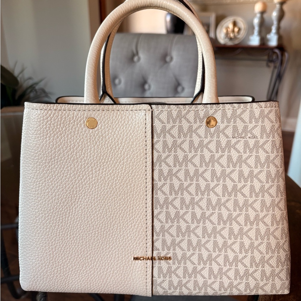 Michael Kors Two-Tone Satchel in Cream and Tan